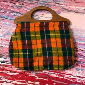 Vintage Plaid Tartan 1970s Handbag Wooden Handles